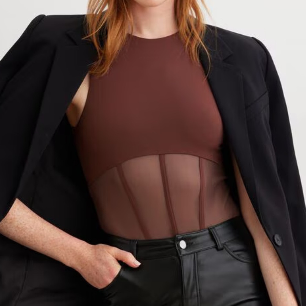 Dynamite Corset Mesh Bodysuit - Brown